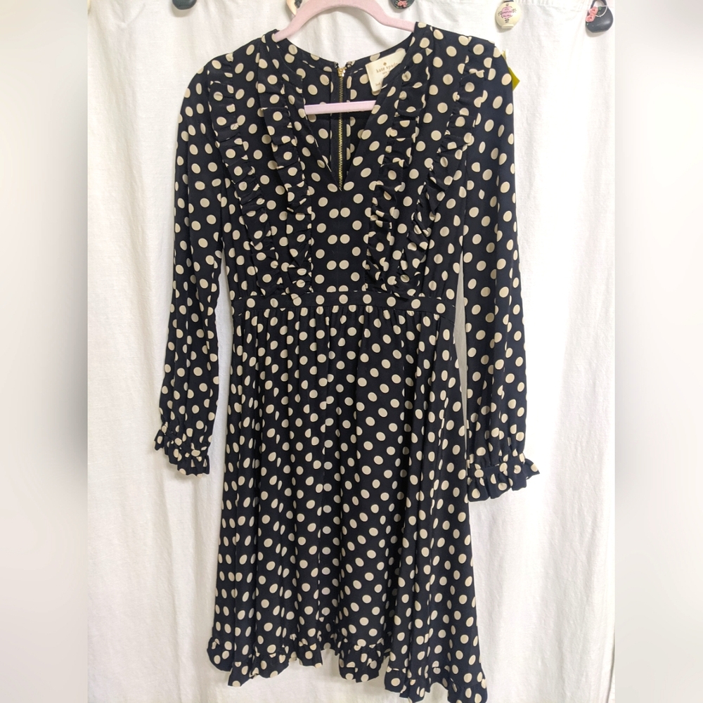 Kate Spade Black Polka Dot V-neck Long Sleeve Silk Dress, Size 2